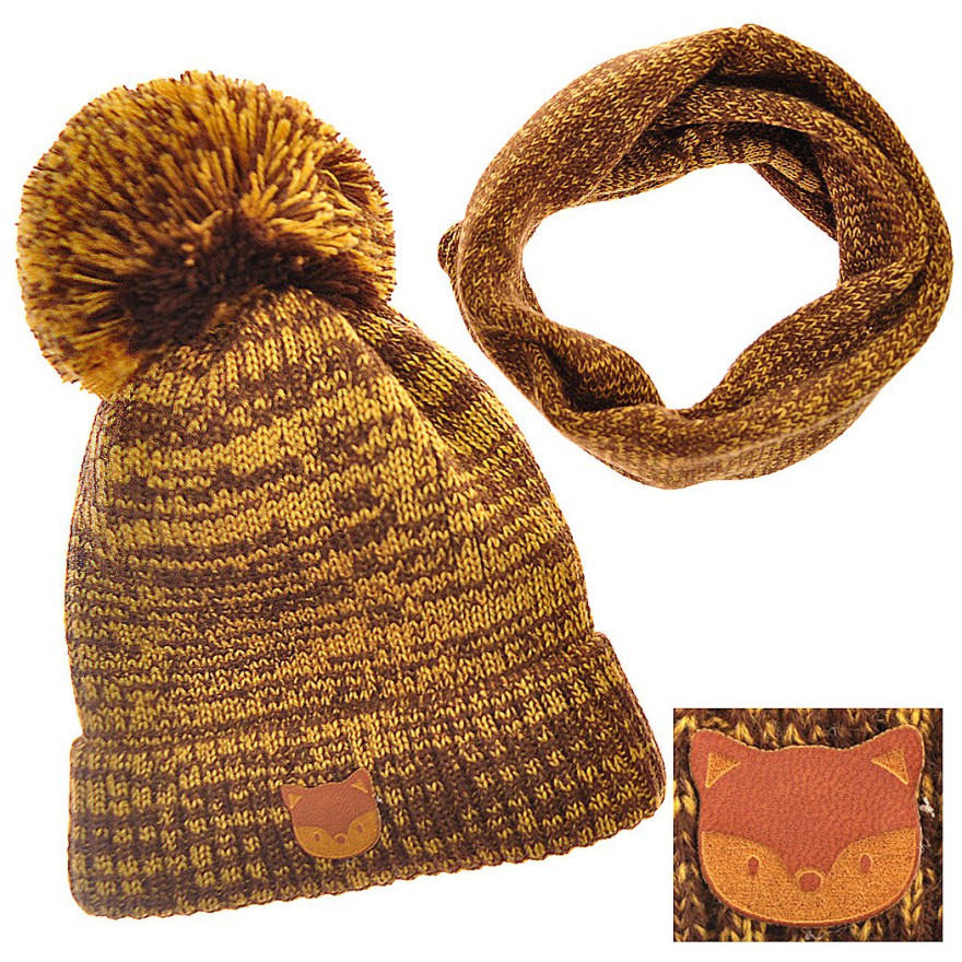 Musztardowo-brązowy komplet zimowy LISEK czapka + komin