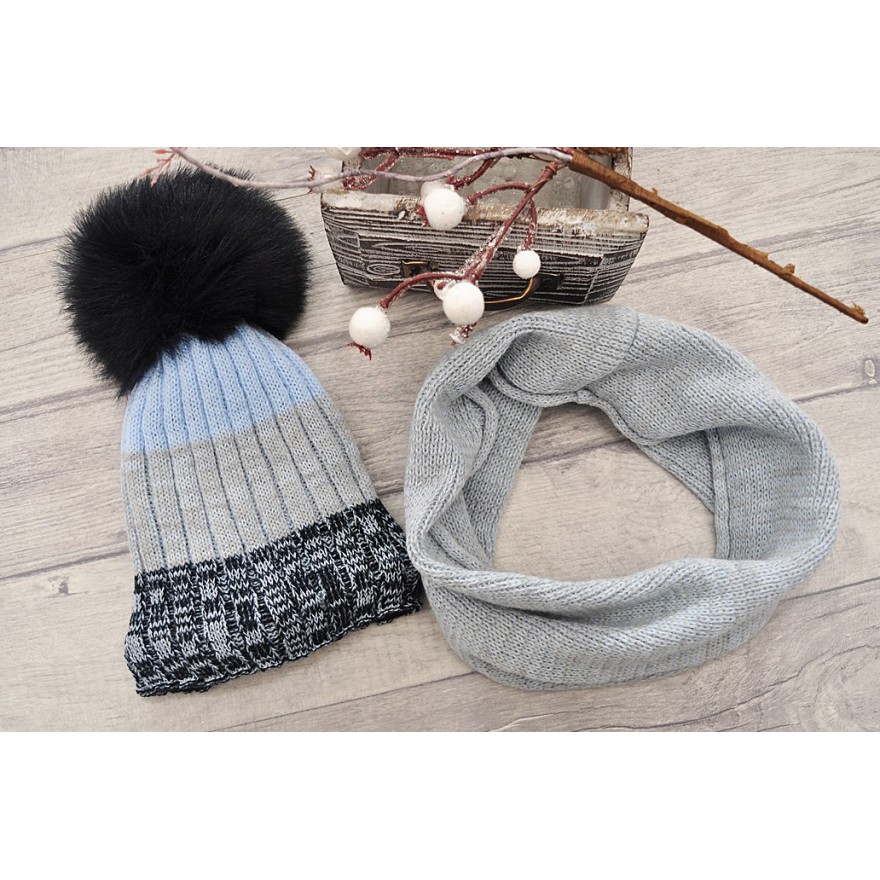 Zimowy komplet ALEKSANDER, czapka z puchatym pomponem + komin
