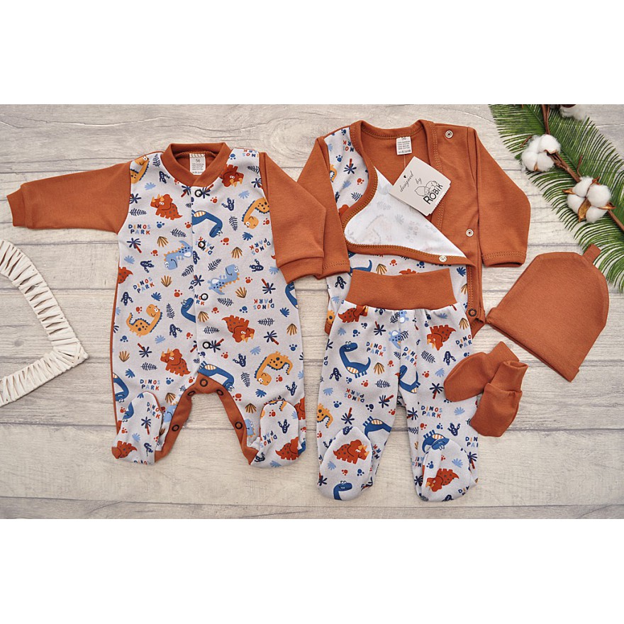 WYPRAWKA dla noworodka do szpitala 5 części brązowo-szara w dinozaury wzór 215BR
