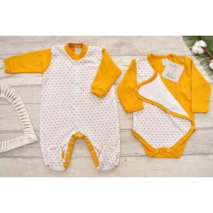 WYPRAWKA dla noworodka do szpitala 5 części musztardowa w gwiazdki wzór 214MU