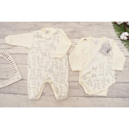 WYPRAWKA dla noworodka do szpitala 5 części ecru w króliki wzór 220E