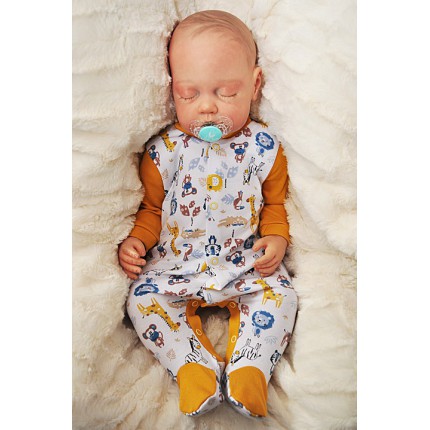 Pajac pajacyk bawełniany musztardowo-biały w zwierzątka ZOO r.50 WCZEŚNIAK wzór 216MU