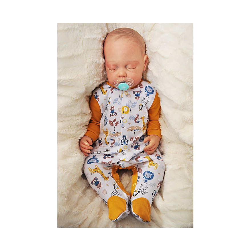 Pajac pajacyk bawełniany musztardowo-biały w zwierzątka ZOO r.50 WCZEŚNIAK wzór 216MU