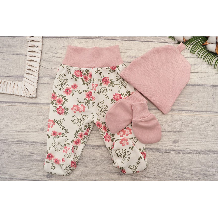 WYPRAWKA dla wcześniaka do szpitala 5 części pudrowa w kwiaty i liście wzór 354R