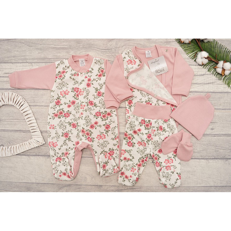 WYPRAWKA dla wcześniaka do szpitala 5 części pudrowa w kwiaty i liście wzór 354R
