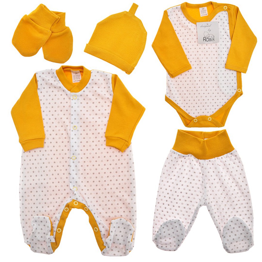 WYPRAWKA dla wcześniaka do szpitala 5 części musztardowa w gwiazdki wzór 214MU