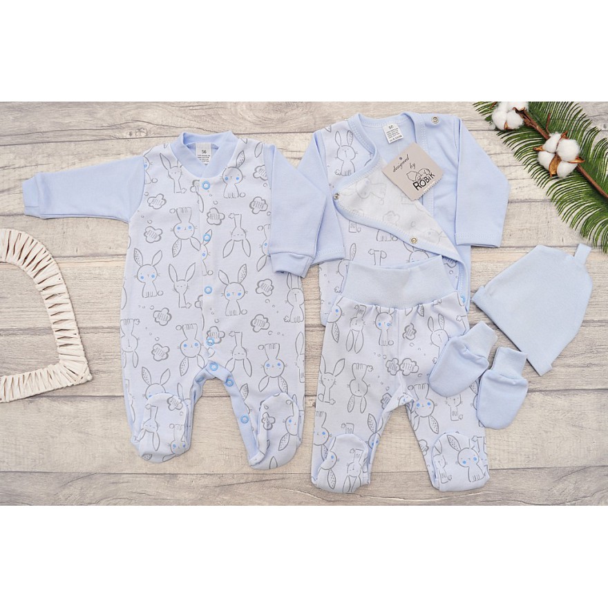 WYPRAWKA dla wcześniaka do szpitala 5 części niebieska w króliki wzór 220N