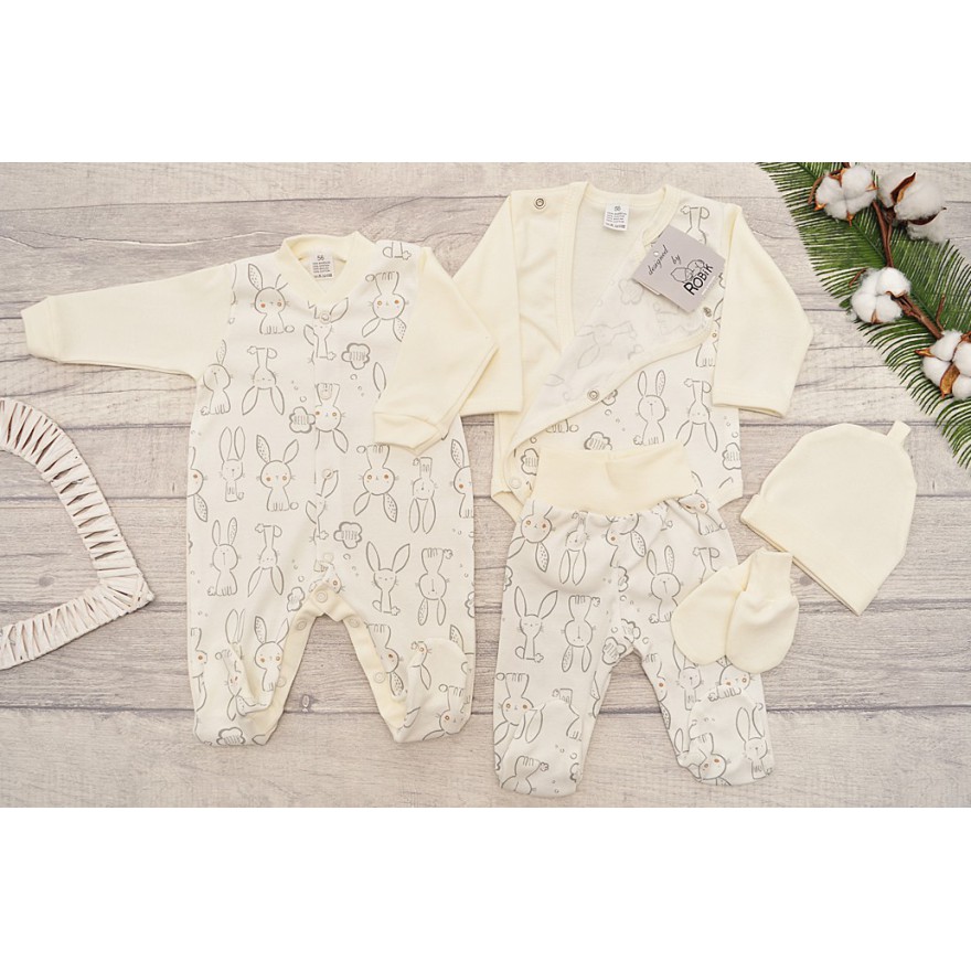 WYPRAWKA dla wcześniaka do szpitala 5 części ecru w króliki wzór 220E