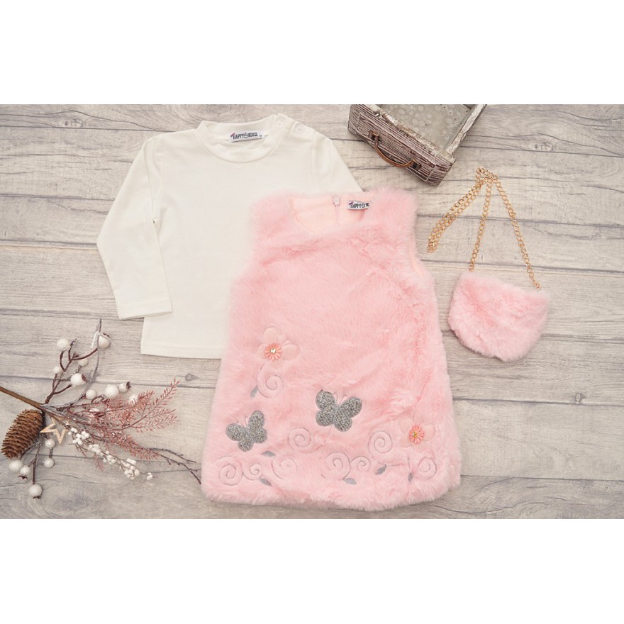 Komplet dziewczęcy różowa futerkowa sukienka, bluzka, torebka