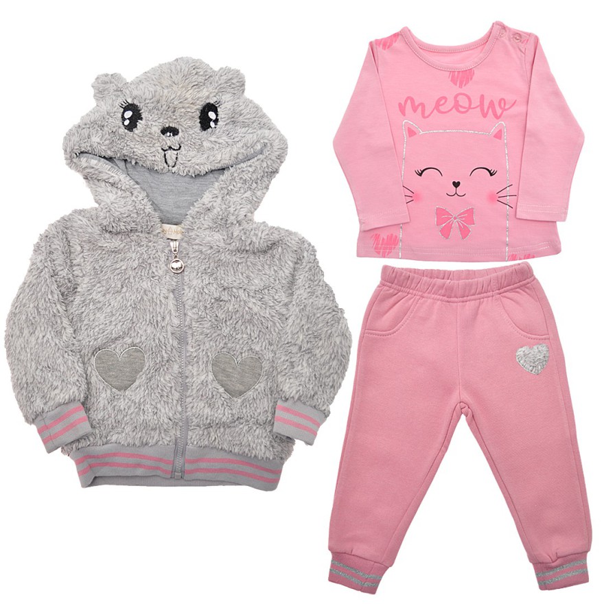 Komplet dziewczęcy, szara futerkowa kurtka bomberka , bluzka, spodnie