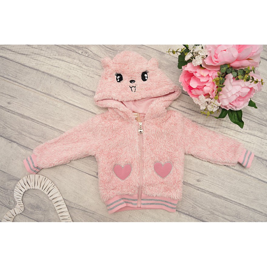 Komplet dziewczęcy, różowa futerkowa kurtka bomberka , bluzka, spodnie
