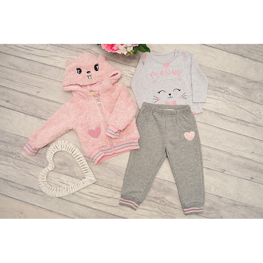 Komplet dziewczęcy, różowa futerkowa kurtka bomberka , bluzka, spodnie