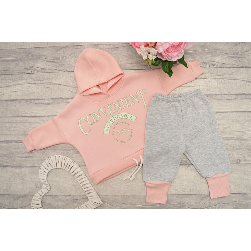 Pudrowo-szary DRES ocieplany CONVENIENT bluza z kapturem, spodnie, komplet