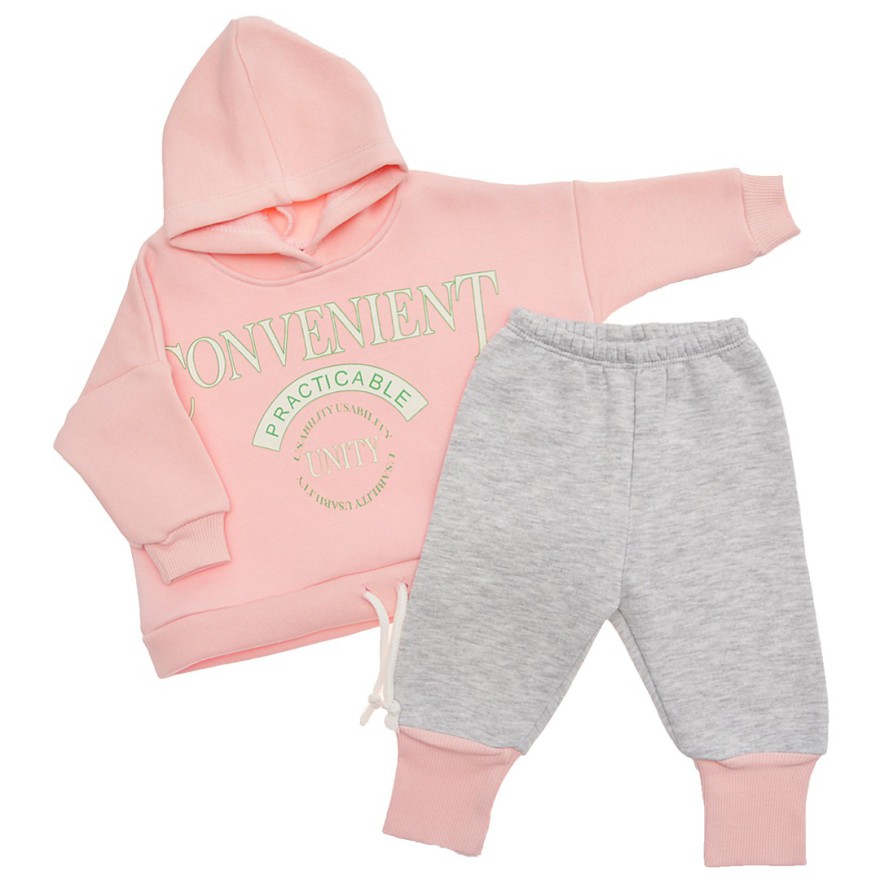 Pudrowo-szary DRES ocieplany CONVENIENT bluza z kapturem, spodnie, komplet