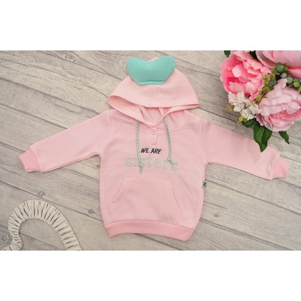 Różowo-szary DRES ocieplany WE ARE SISTERS bluza z kapturem, spodnie, komplet