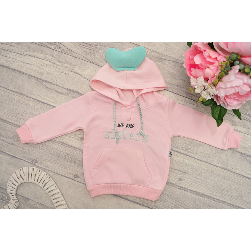 Różowo-szary DRES ocieplany WE ARE SISTERS bluza z kapturem, spodnie, komplet
