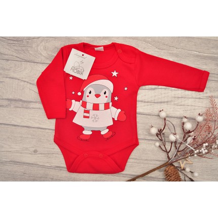 Dziecięce Body na Święta - czerwone z pingwinkiem
