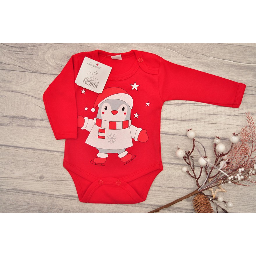 Dziecięce Body na Święta - czerwone z pingwinkiem