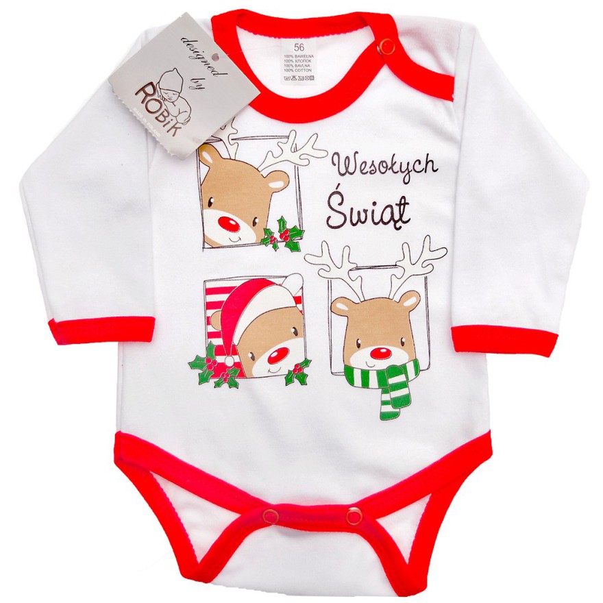 Dziecięce białe BODY na święta Wesołych Świąt z 3 reniferami