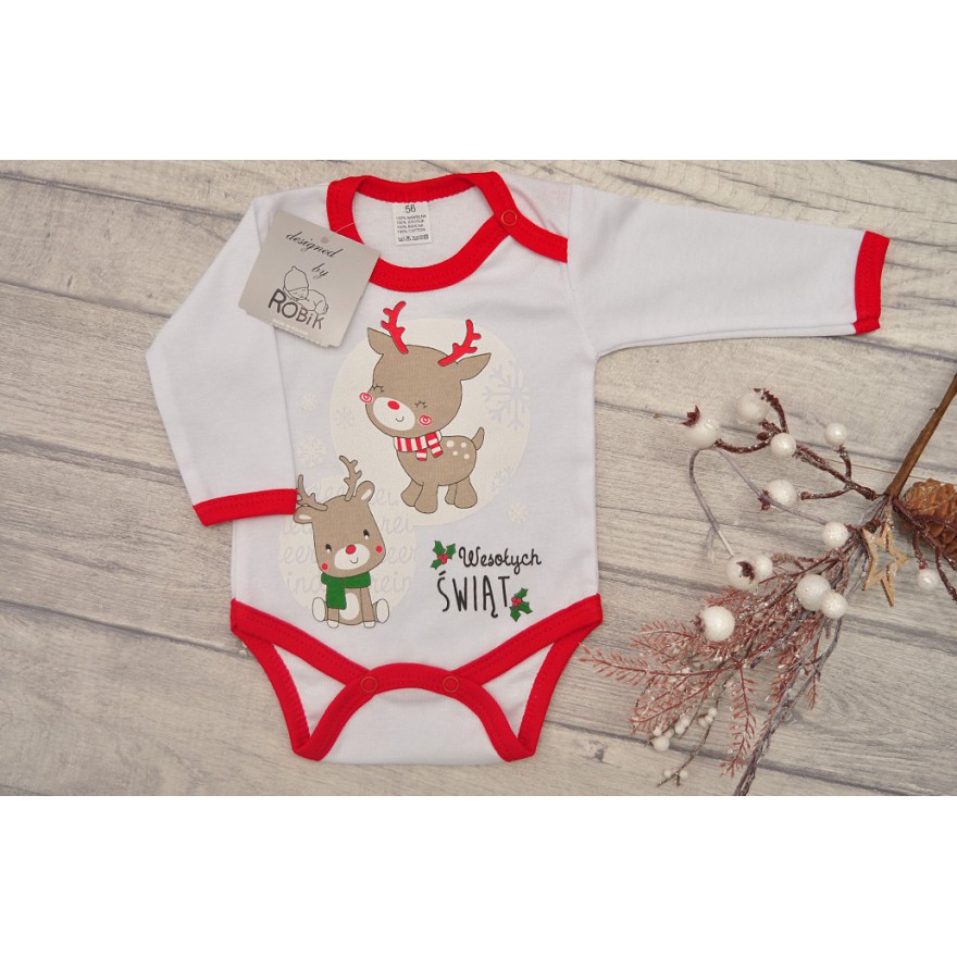 Dziecięce białe BODY na święta Wesołych Świąt z 2 reniferami