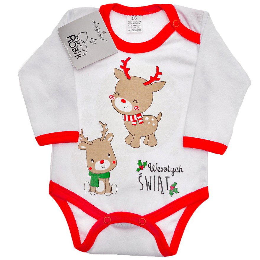 Dziecięce białe BODY na święta Wesołych Świąt z 2 reniferami