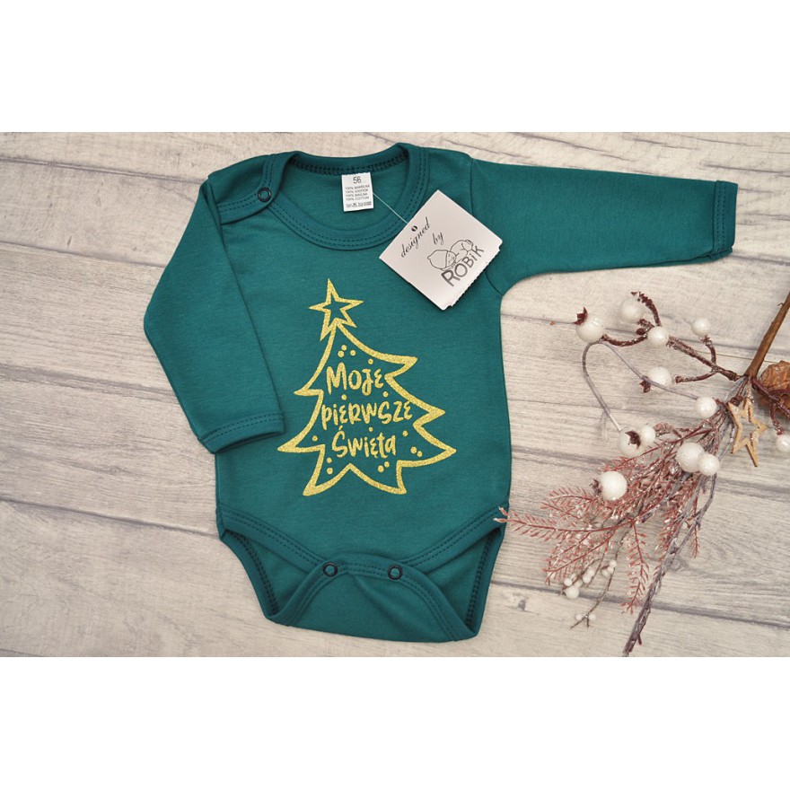 Butelkowe BODY na święta choinka Moje Pierwsze Święta, brokat