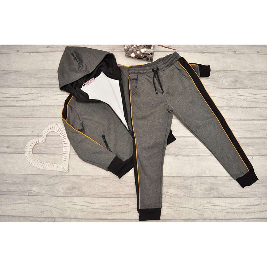 DRES spodnie, bluza z kapturem komplet grafitowy z żółtym paskiem