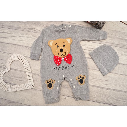 Szary PAJACYK WELUROWY MIŚ + czapka smerfetka, komplet 2cz.