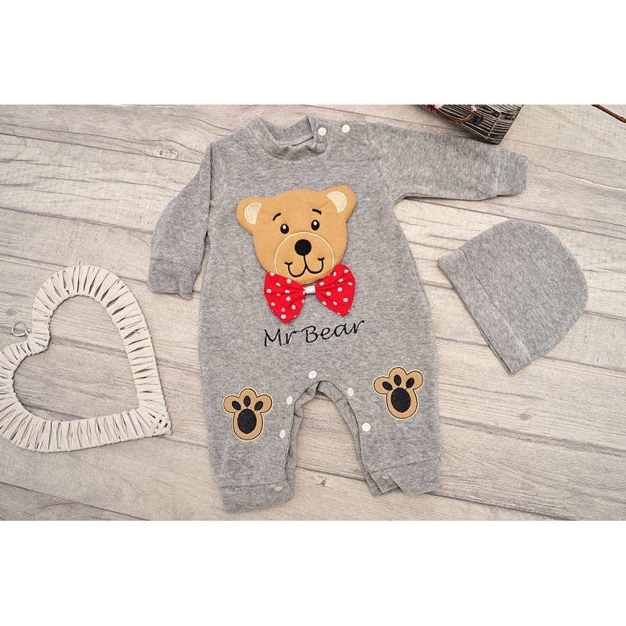 Szary PAJACYK WELUROWY MIŚ + czapka smerfetka, komplet 2cz.