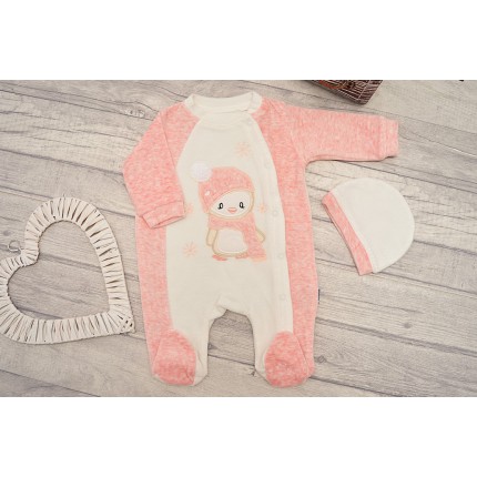 Różowo-ecru PAJACYK WELUROWY PINGWINEK + czapka smerfetka, komplet 2cz.
