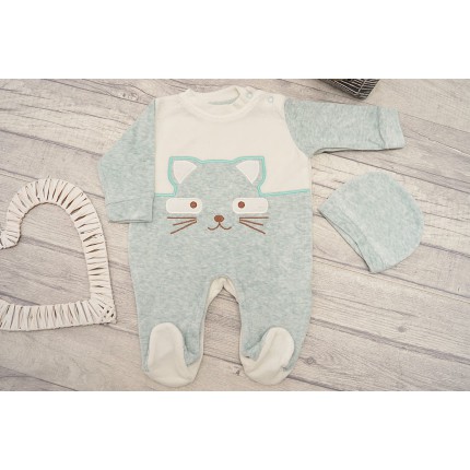 Miętowo-biały PAJACYK WELUROWY KOTEK + czapka smerfetka, komplet 2cz.