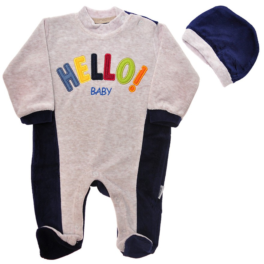 Szaro-granatowy PAJACYK WELUROWY HELLO BABY + czapka smerfetka, komplet 2cz.
