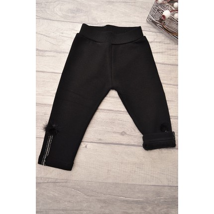 Czarne LEGGINSY ocieplane na futerku GETRY z futrzanymi pomponami