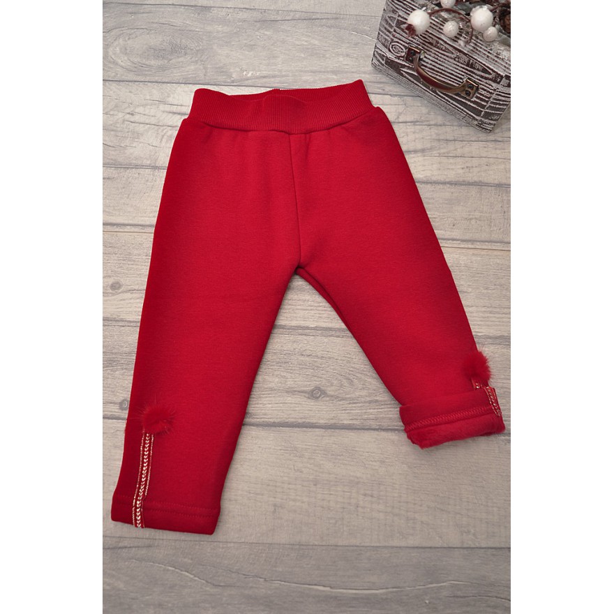 Czerwone LEGGINSY ocieplane na futerku GETRY z futrzanymi pomponami