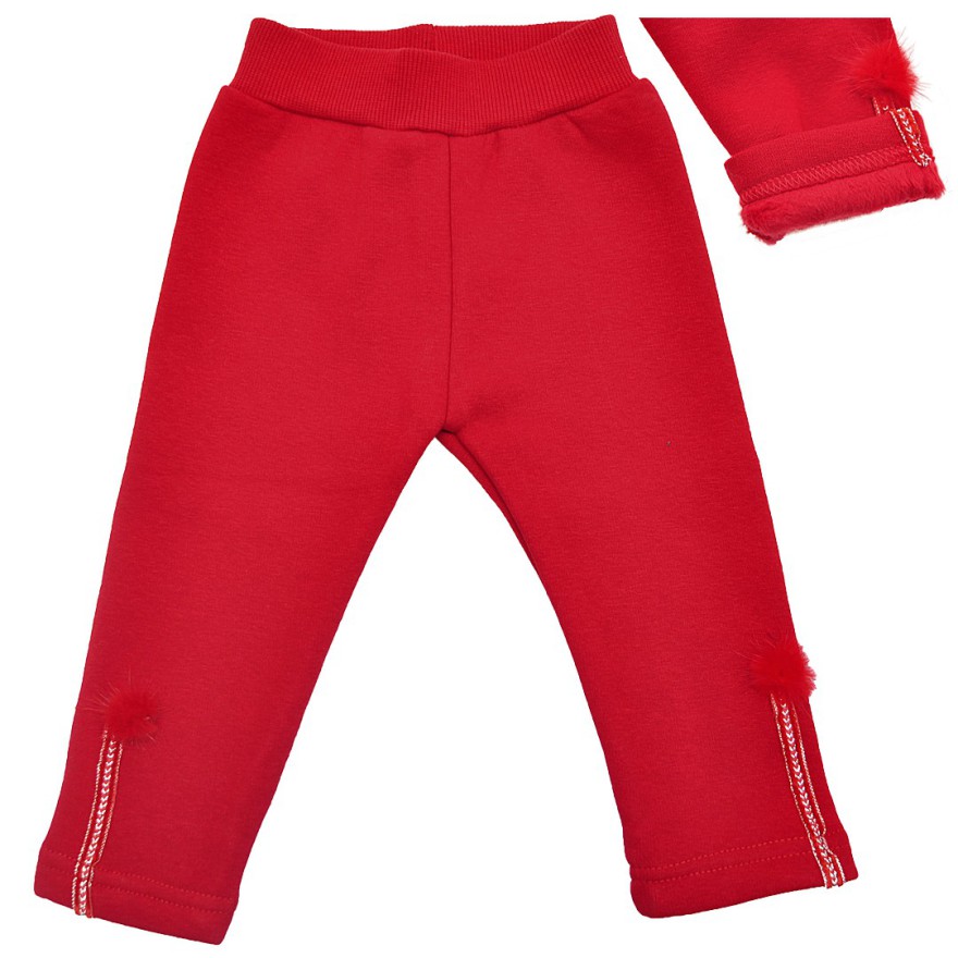 Czerwone LEGGINSY ocieplane na futerku GETRY z futrzanymi pomponami