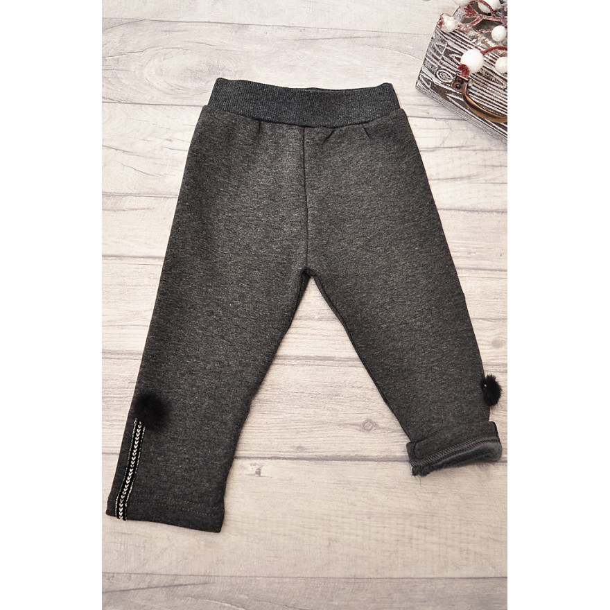 Grafitowe LEGGINSY ocieplane na futerku GETRY z futrzanymi pomponami