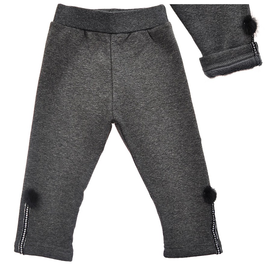 Grafitowe LEGGINSY ocieplane na futerku GETRY z futrzanymi pomponami