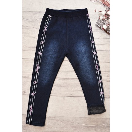 Granatowe LEGGINSY a'la jeans GETRY na futerku LOVELY brokat