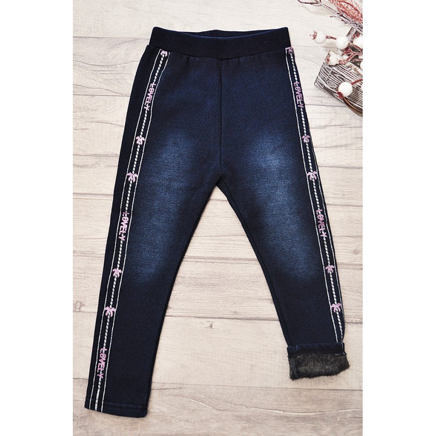 Granatowe LEGGINSY a'la jeans GETRY na futerku LOVELY brokat