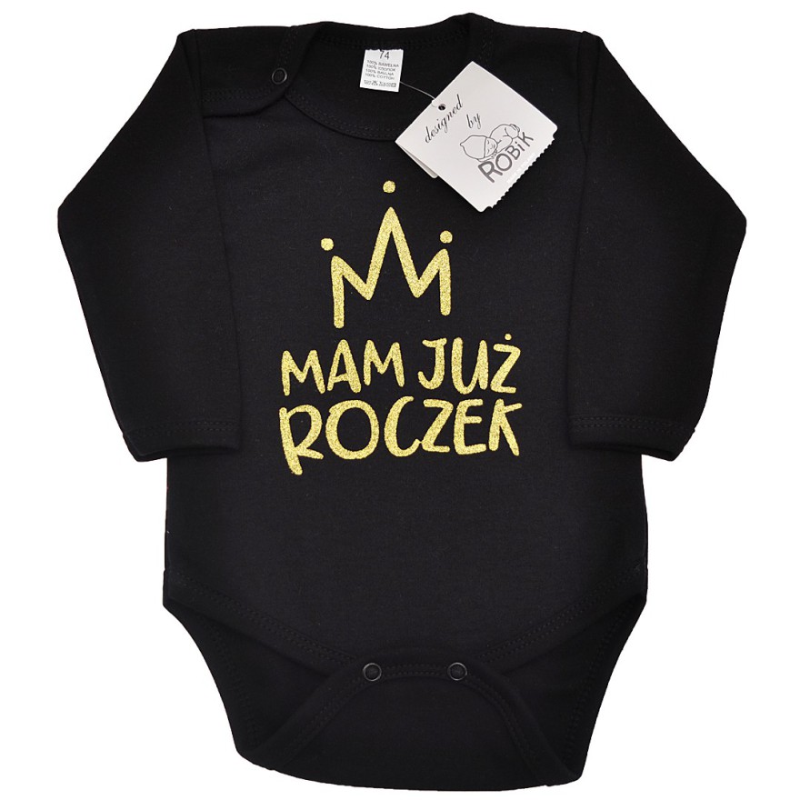 Czarne BODY MAM JUŻ ROCZEK długi rękaw BROKAT