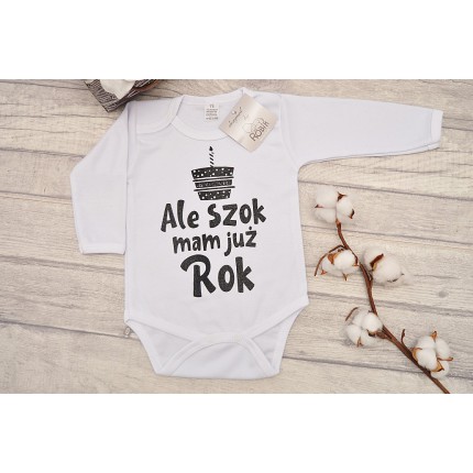 Białe BODY ALE SZOK MAM JUŻ ROK długi rękaw BROKAT body na roczek