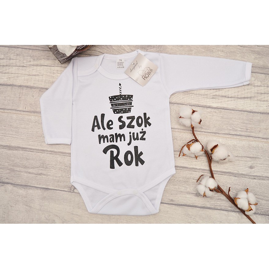 Białe BODY ALE SZOK MAM JUŻ ROK długi rękaw BROKAT body na roczek