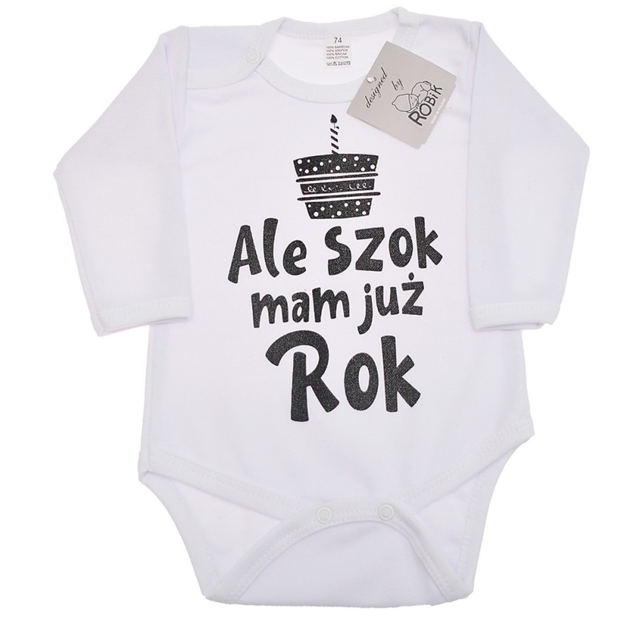 Białe BODY ALE SZOK MAM JUŻ ROK długi rękaw BROKAT body na roczek