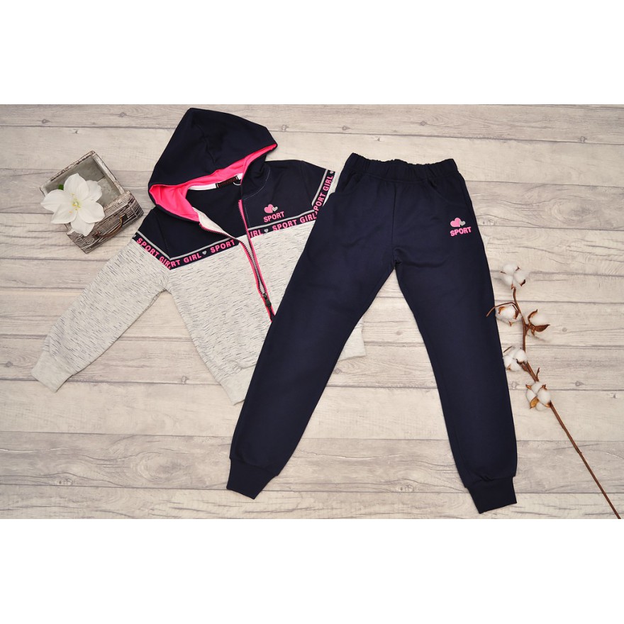DRES dziewczęcy SPORT GIRL szaro-granatowa bluza z kapturem, spodnie komplet 2cz.