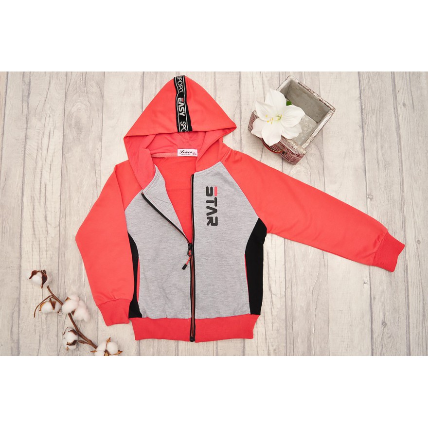 DRES dziewczęcy STAR2 malinowo-szara bluza z kapturem, spodnie, bluzka, komplet 3cz.