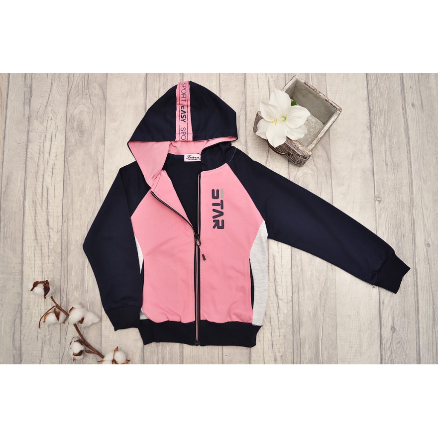 DRES dziewczęcy STAR2 granatowo-różowa bluza z kapturem, spodnie, bluzka, komplet 3cz.