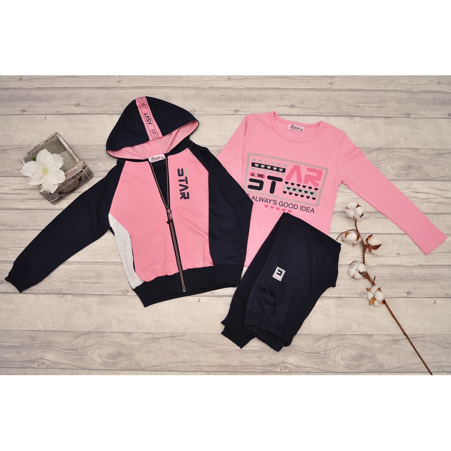 DRES dziewczęcy STAR2 granatowo-różowa bluza z kapturem, spodnie, bluzka, komplet 3cz.