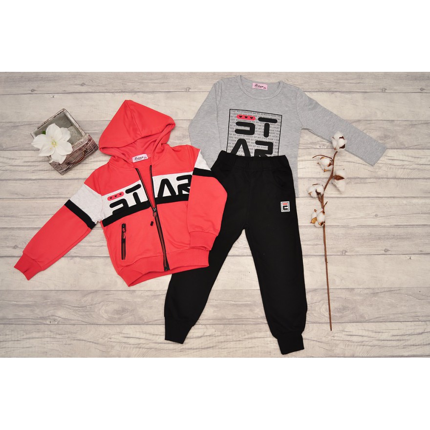 DRES dziewczęcy STAR1 malinowa bluza z kapturem, spodnie, bluzka, komplet 3cz.