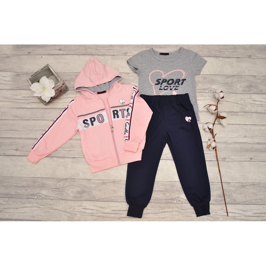 DRES dziewczęcy SPORTS różowa bluza z kapturem, spodnie, bluzka, komplet 3cz.