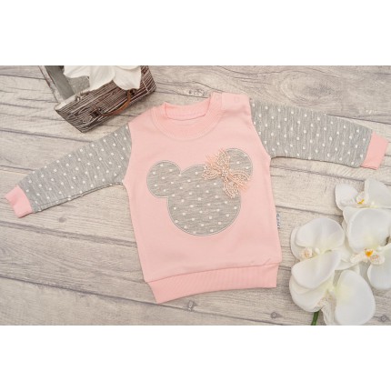 Różowo-szary DRES z myszką, bluza, spodnie, apaszka komplet 3cz.